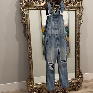 Forever 21 Men's Distressed Blue Denim Overalls